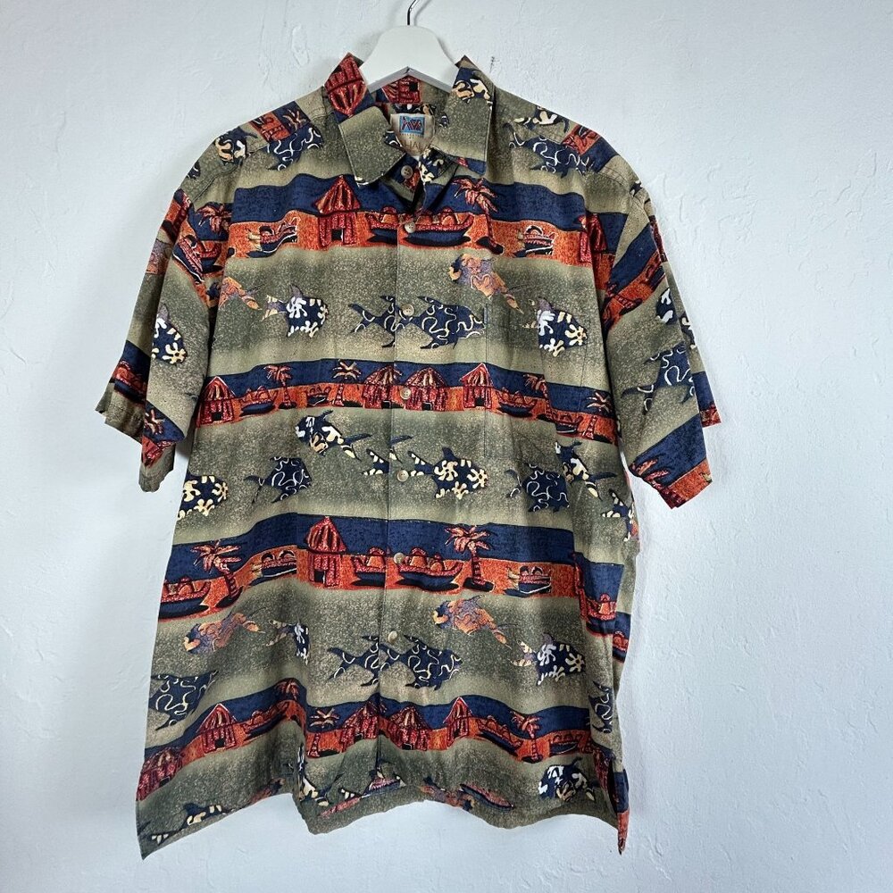 Vintage Avi Kahala Hawaiian Shirt Large Cotton Island Print Short Sleeve Green